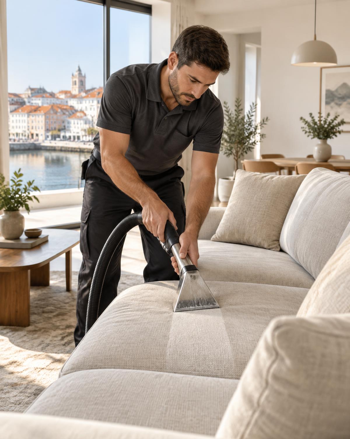 Profissional a limpar um sofá com equipamento de extração